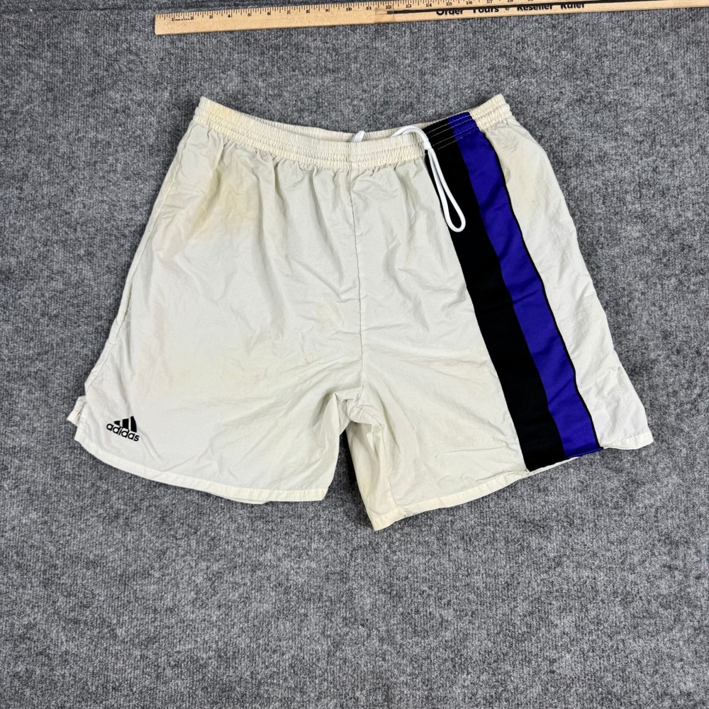 Adidas Shorts Mens Size XL Cream Nylon Vintage Purple Stripe Athletic Stained